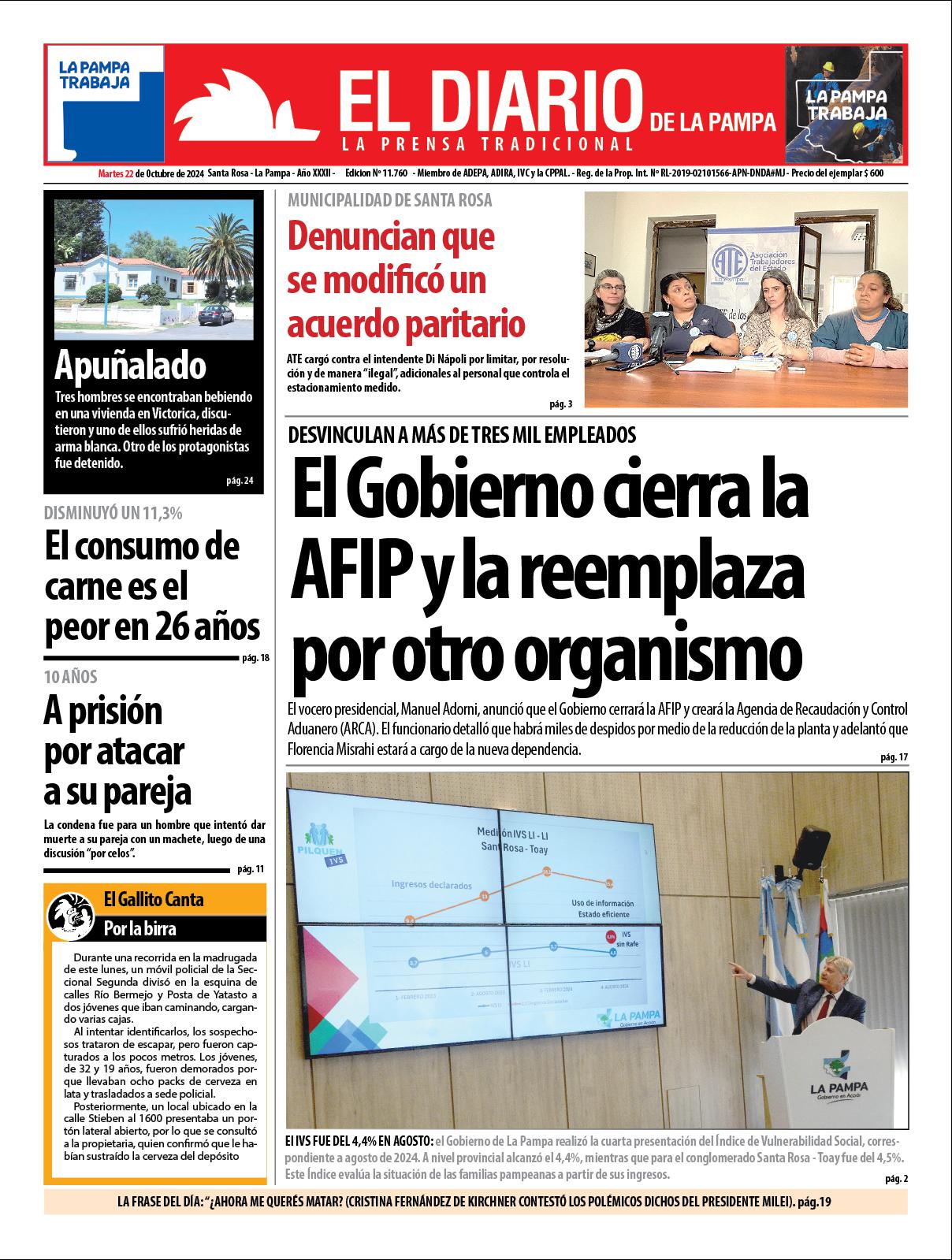 Tapa de El Diario en papel  martes 22 de octubre de 2024